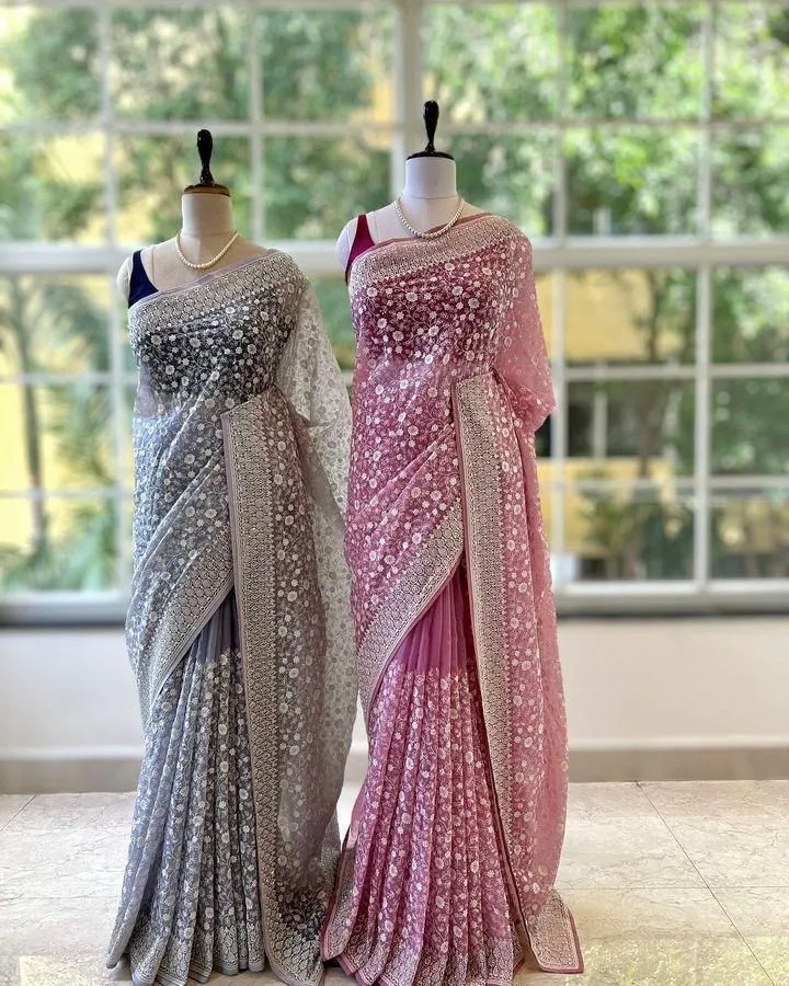 Silk Fabric Chikankari Work With Silk Saree - Image 1 in Surat